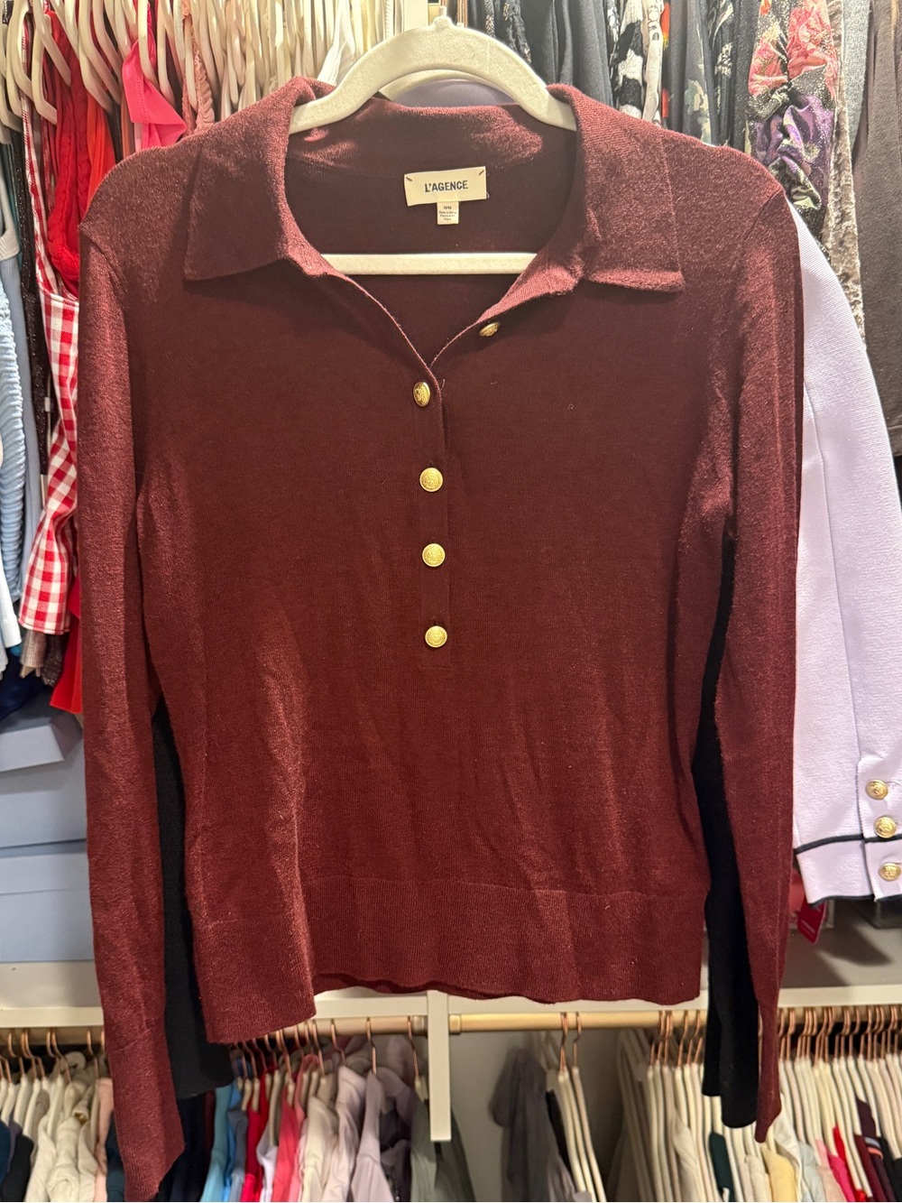 L'AGENCE Burgundy Long-Sleeve Collared Knit Top with Gold Buttons (merino wool)